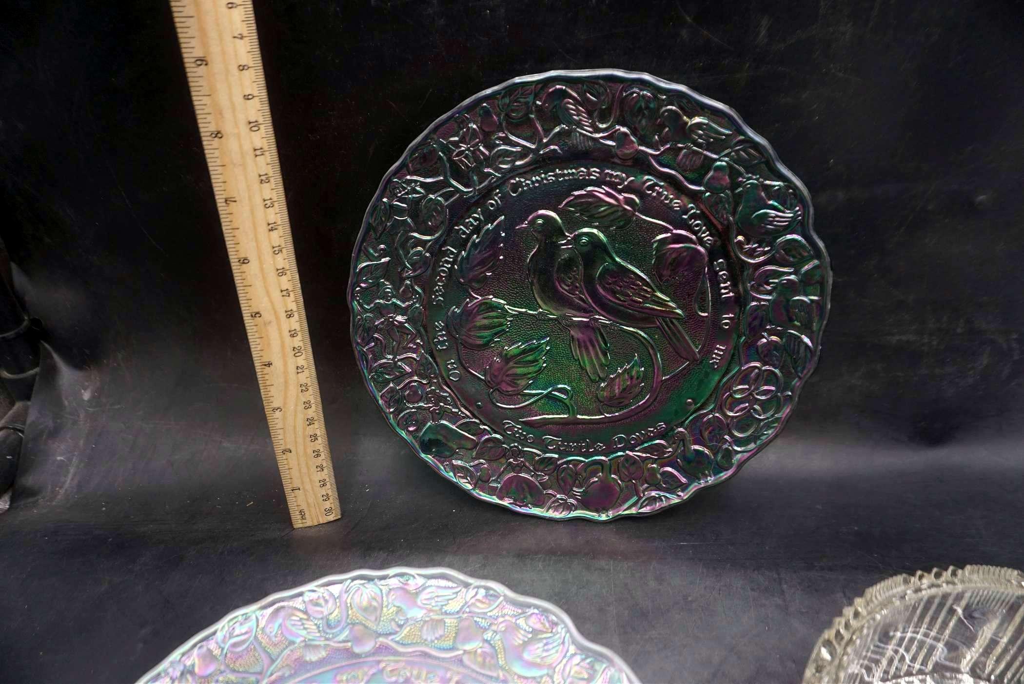 Bird Plates (One Is Imperial), Glass Divided Bowl, Glass Cover & Blue Glass Vase