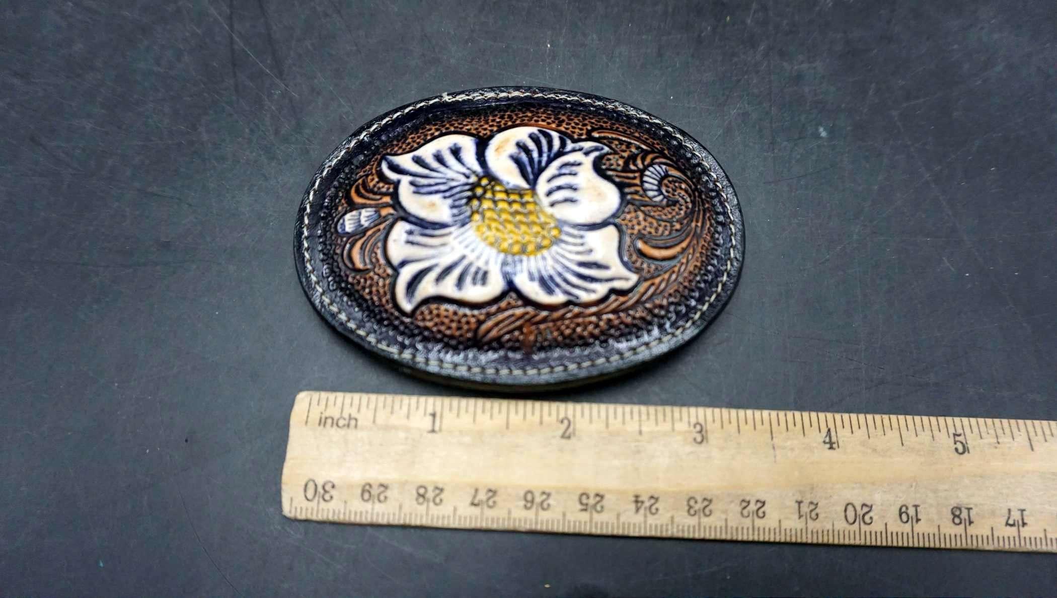 Tony Lama Flower Leather Belt Buckle