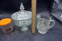 Glass Candy Dish, Glass Pitcher & Glass Jar