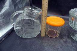 Glass Candy Dish, Glass Pitcher & Glass Jar