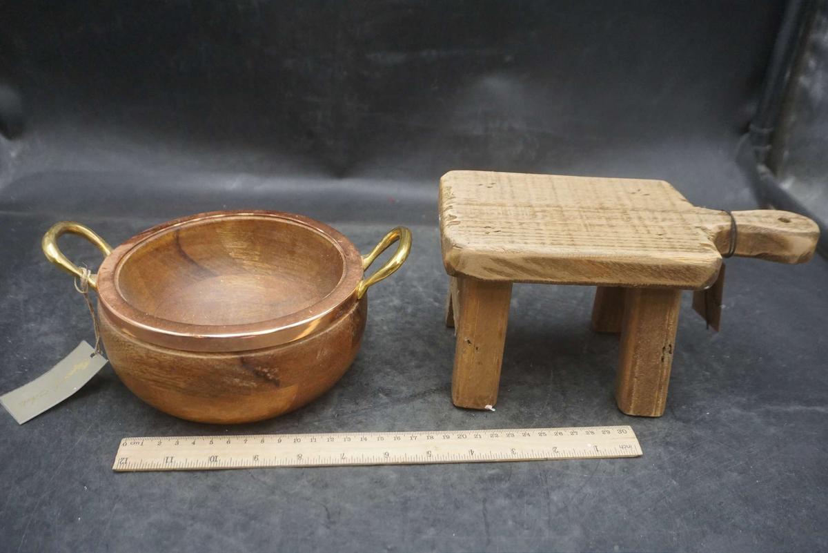 Wooden Riser & Wooden Bowl W/ Copper/Brass Lid