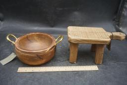 Wooden Riser & Wooden Bowl W/ Copper/Brass Lid