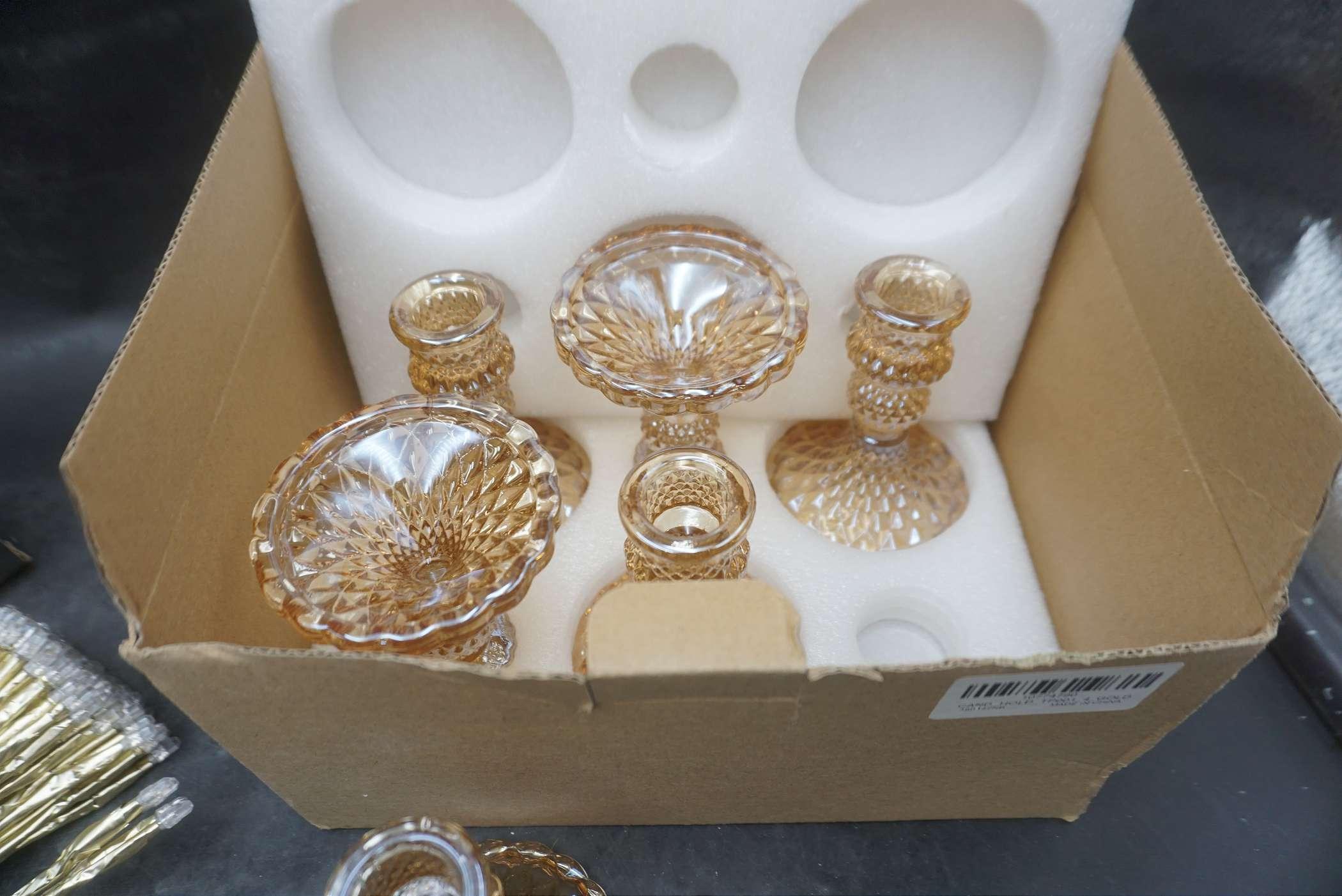 16" Indoor/Outdoor Twinkle Gold Sphere & Glass Candlestick Holders