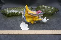 Dept 56 Rabbit Figurine & Green Glass Trays (Piece Is Breaking Off)