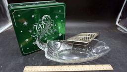 Tate'S Bake Shop Tin Container, Glass Swan Tray & Grater