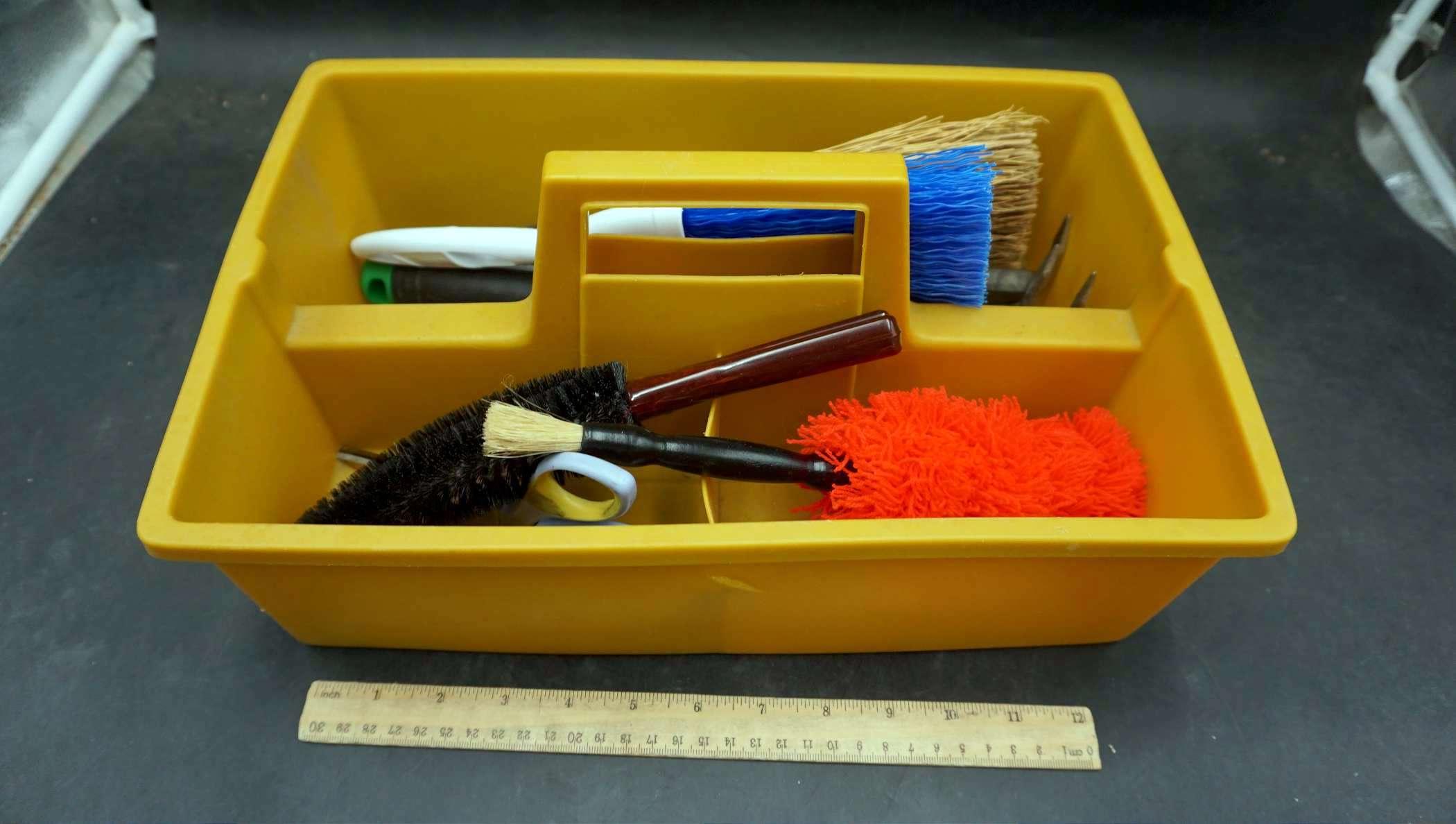 Plastic Caddy W/ Assortment Of Brushes & Tools