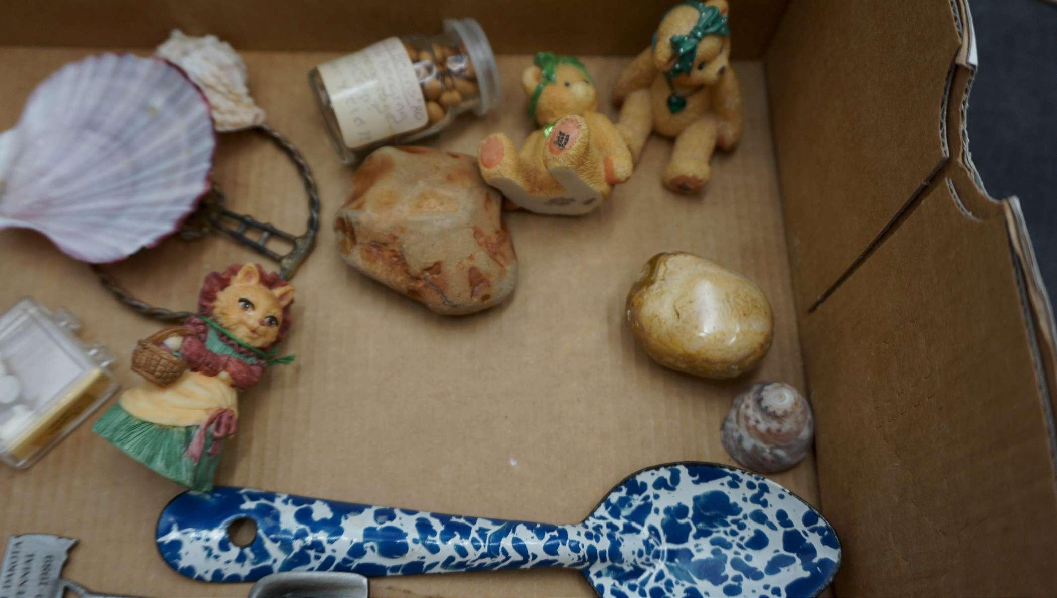 Figurines, Stones, Wooden Piece, Small Black Holder, Enamel Spoon