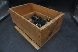 Wooden Crate W/ Vivitar Camera, Flashes & Lenses