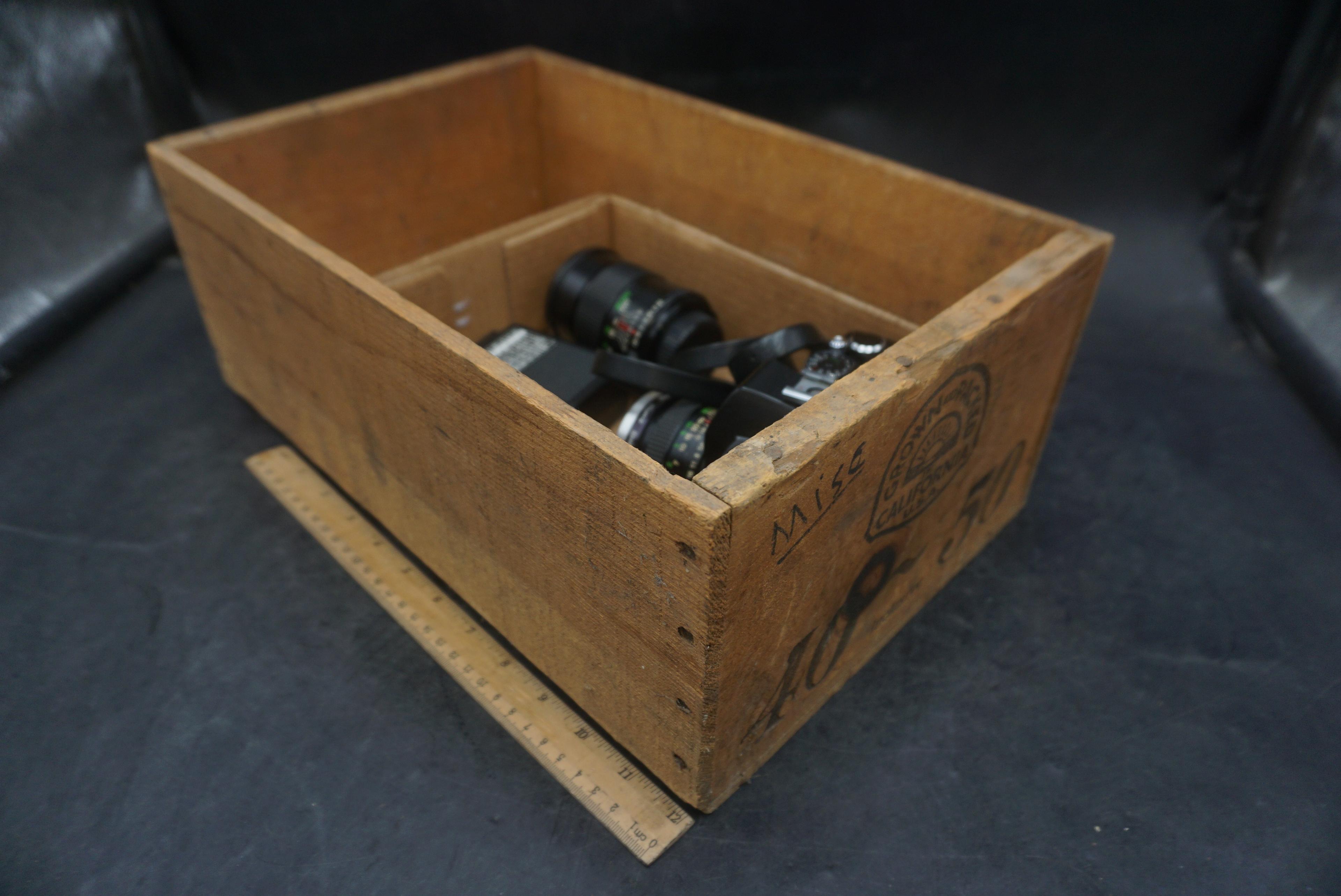 Wooden Crate W/ Vivitar Camera, Flashes & Lenses