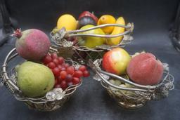 3 - Metal Baskets W/ Decorative Fruit