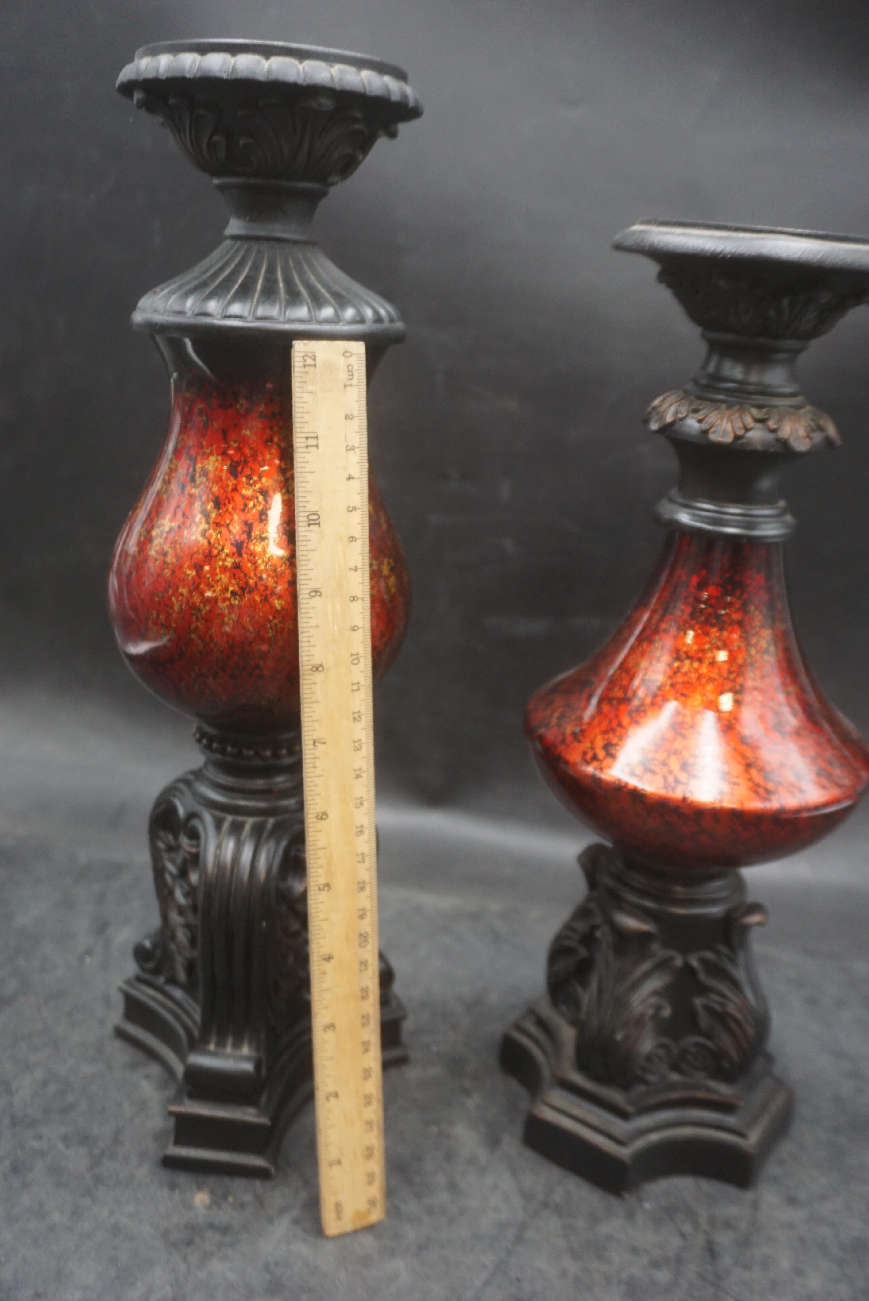2 - Black W/ Red & Gold Flecks Candle Holders