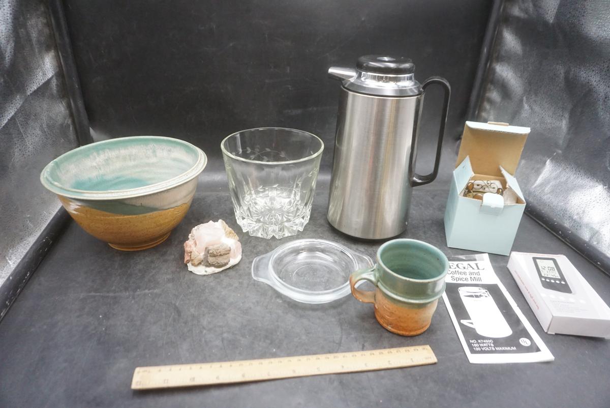 Stone Bowl (Chip) & Mug, Glass Container, Coffee Thermos, Digital Weather Station