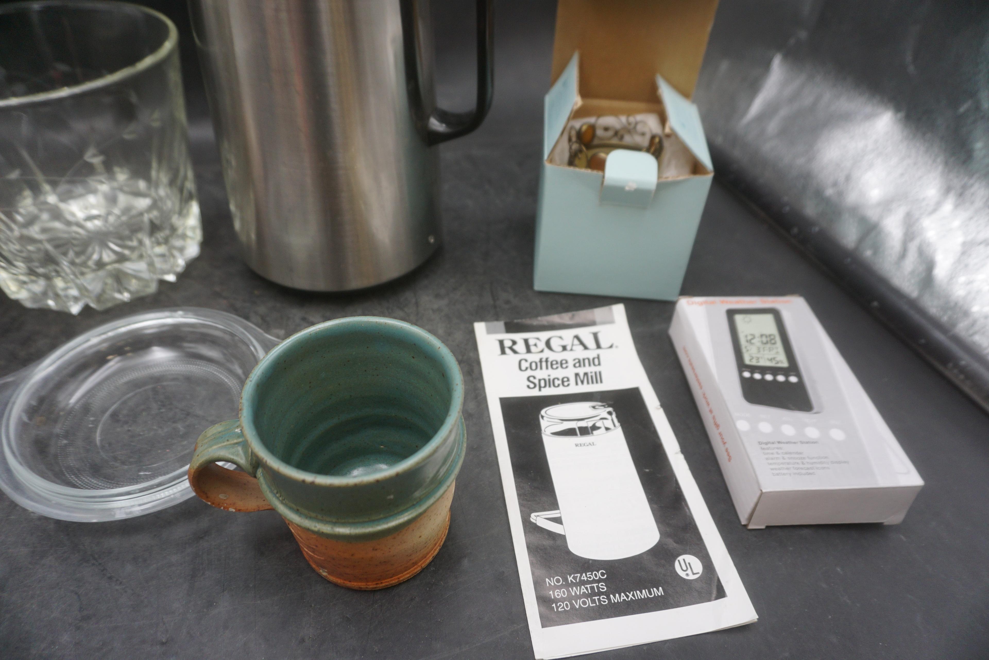 Stone Bowl (Chip) & Mug, Glass Container, Coffee Thermos, Digital Weather Station