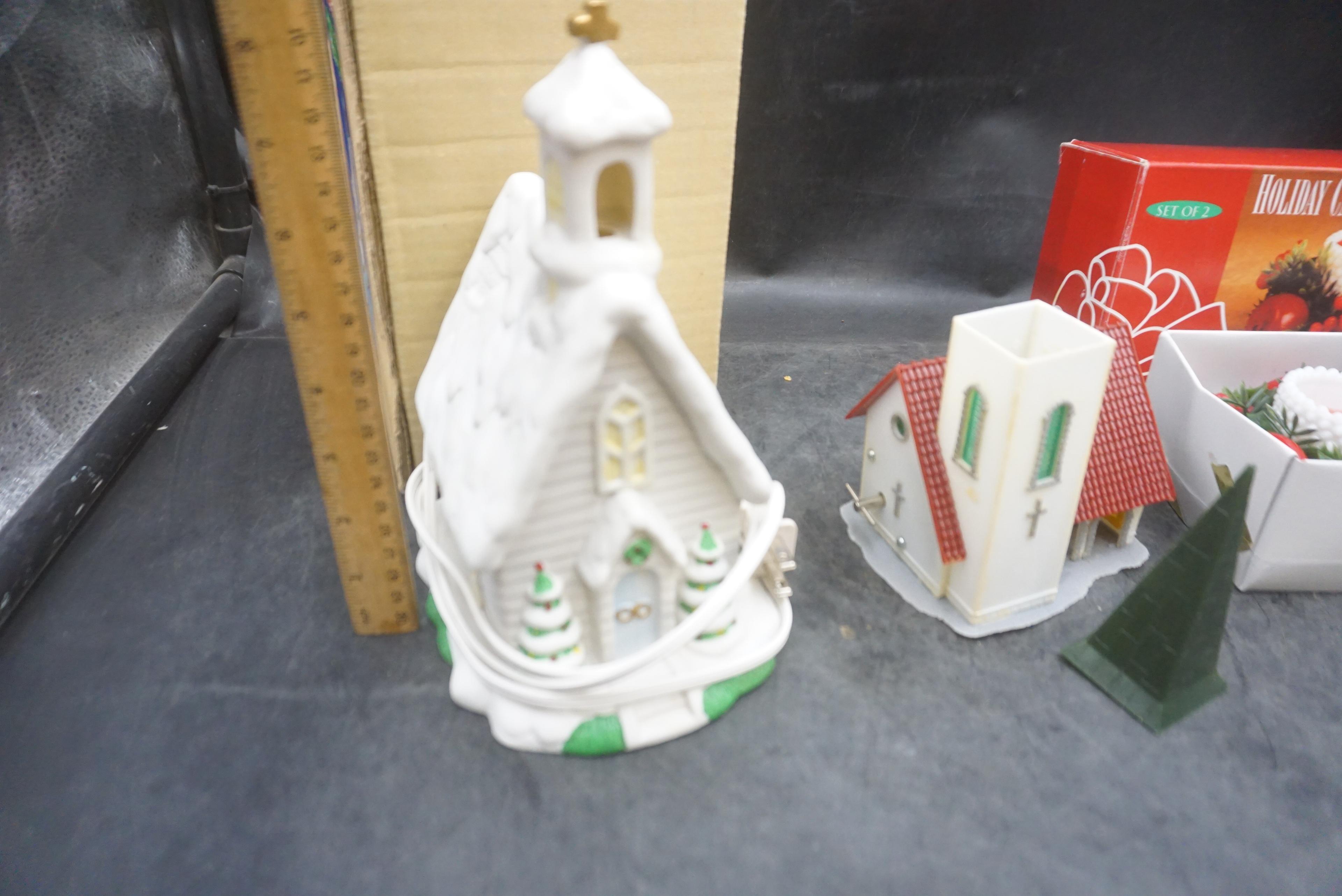 Holiday Candle Centerpiece, Lighted Christmas Church, Church & Tree