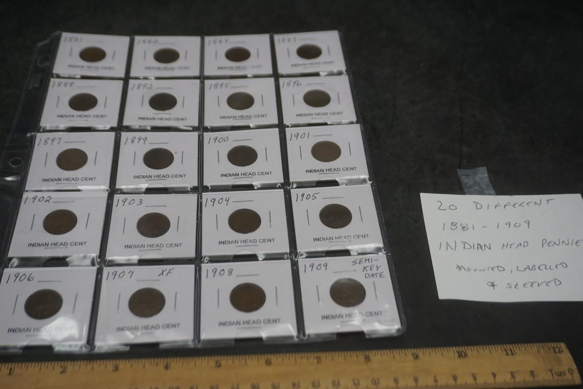 20 - Different 1881-1909 Indian Head Pennies (Mounted, Labeled & Sleeved)