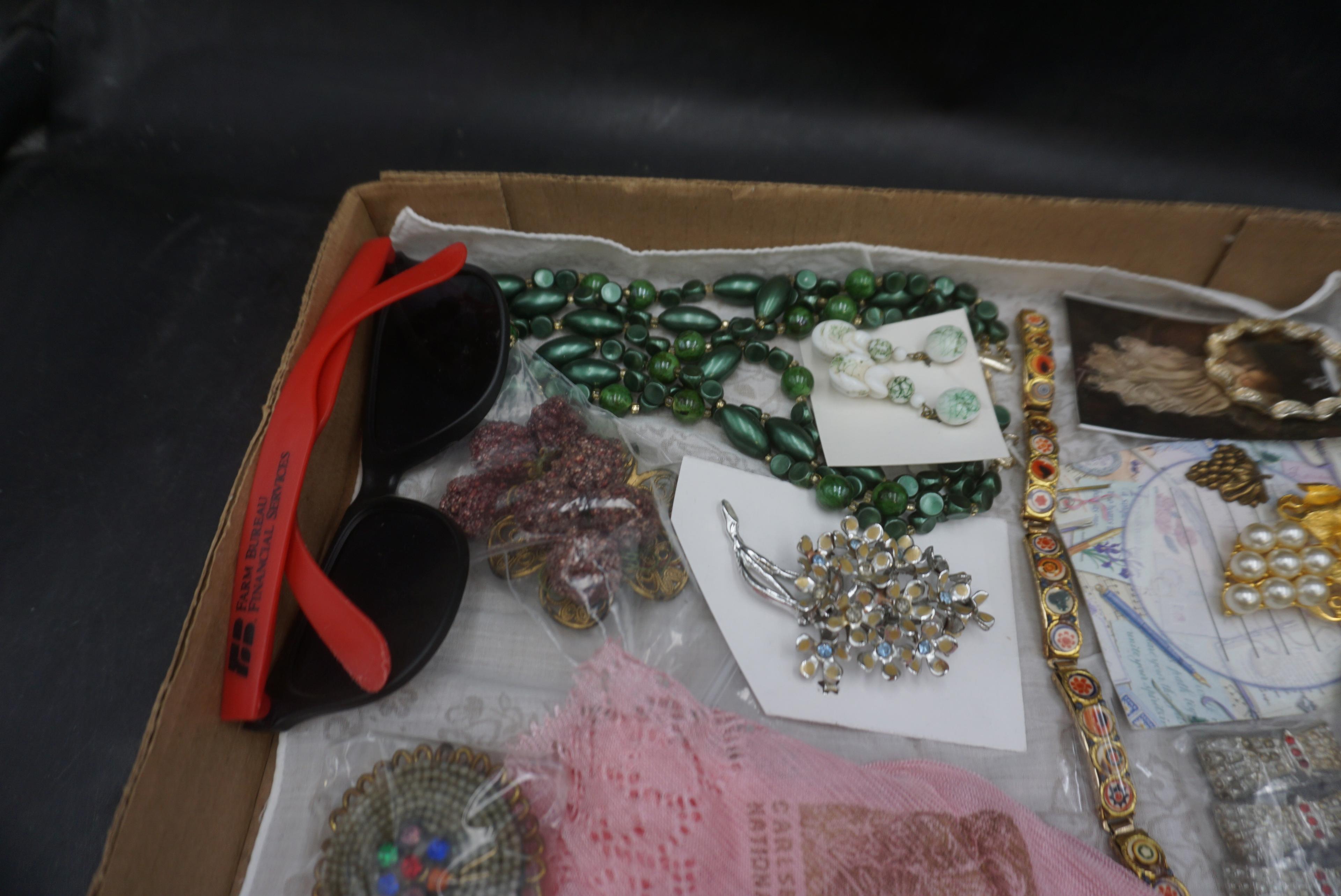 Assorted Jewelry, Brooches, Sunglasses, Handkerchief