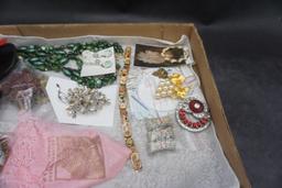 Assorted Jewelry, Brooches, Sunglasses, Handkerchief