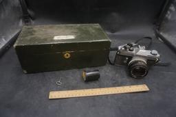 Green Wooden Box W/ Key & Canon Camera