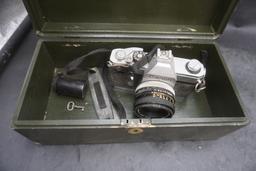 Green Wooden Box W/ Key & Canon Camera