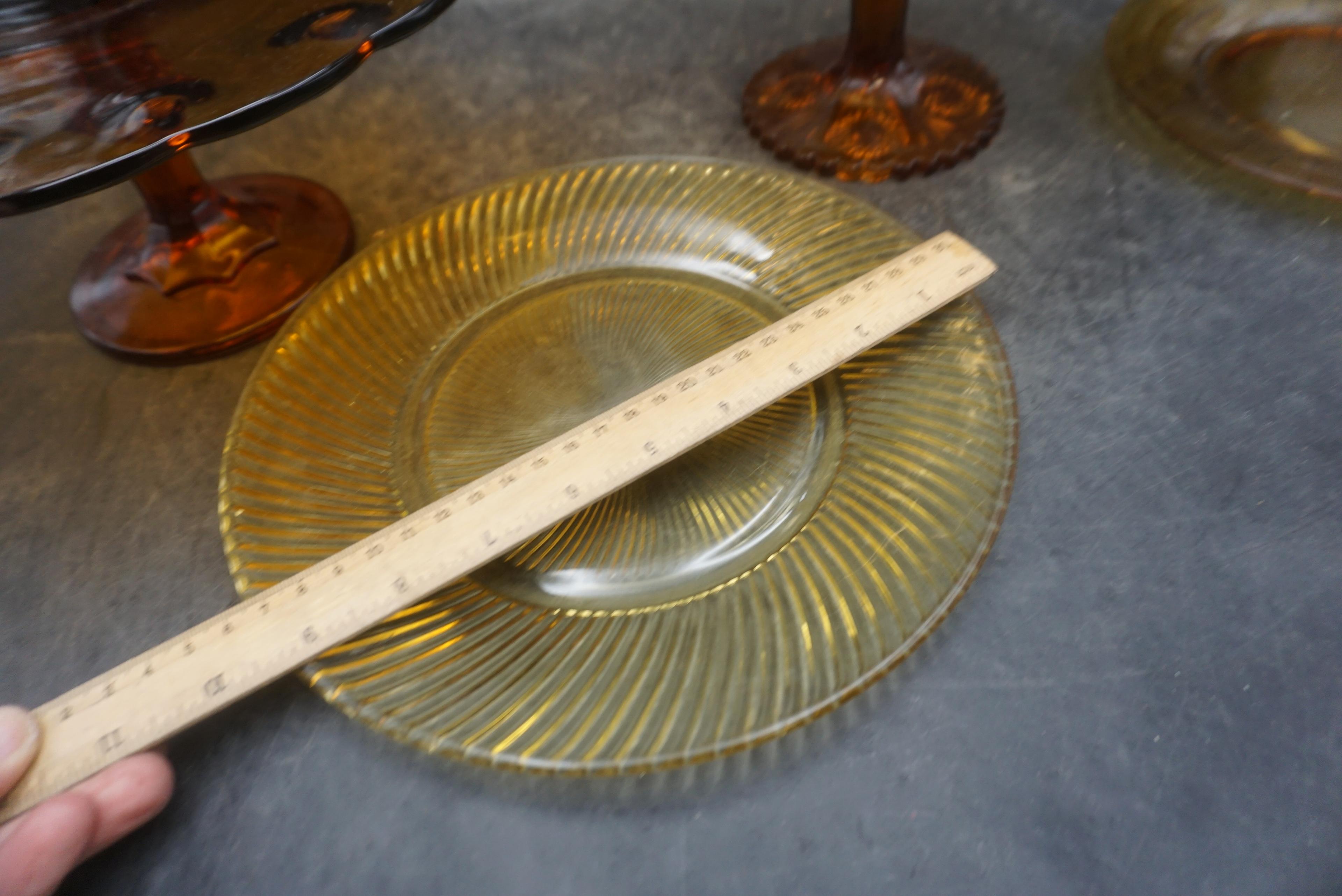 Amber Glass Cake Stand, Compote & Plates