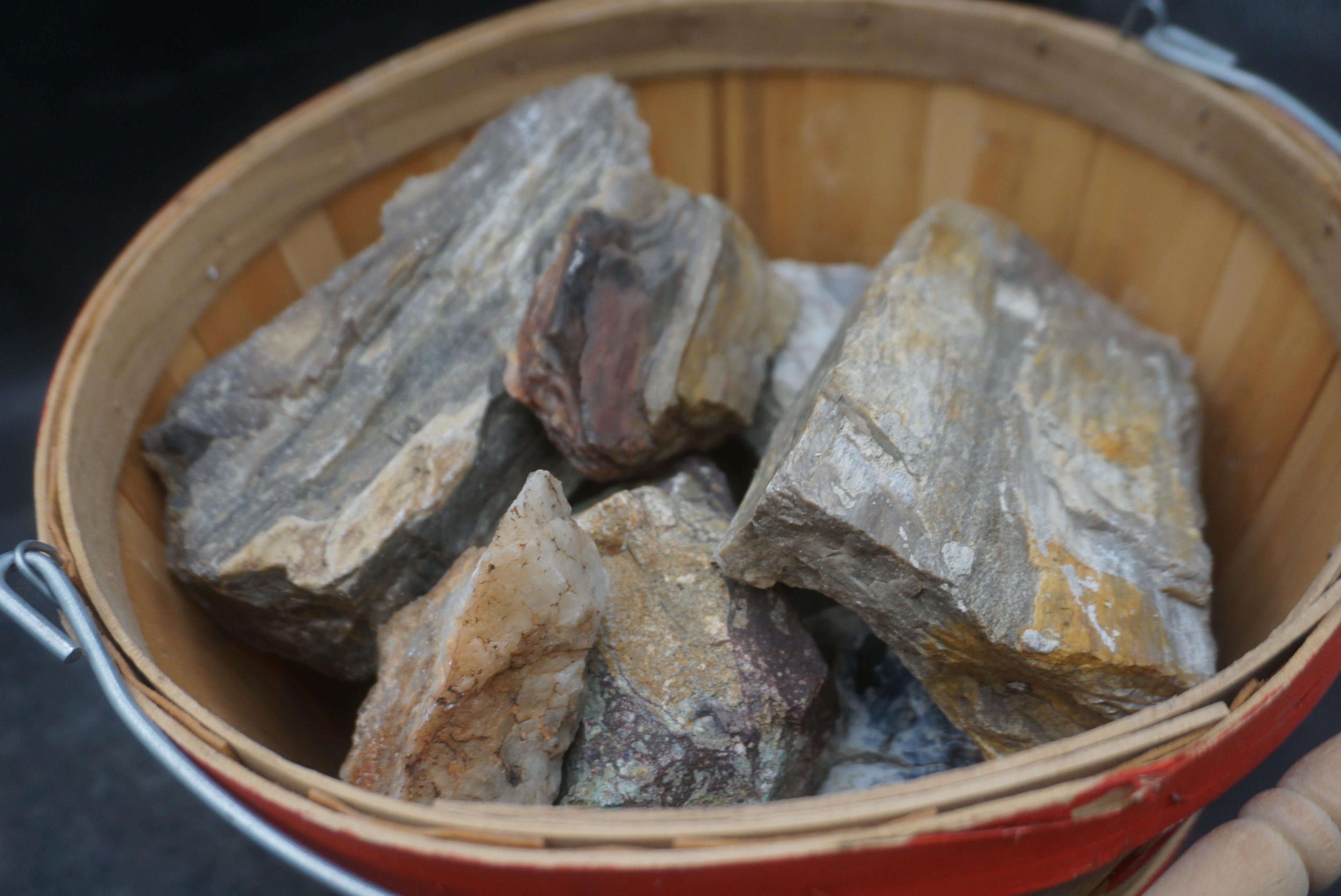 Bushel Basket, Driftwood Log & Rocks