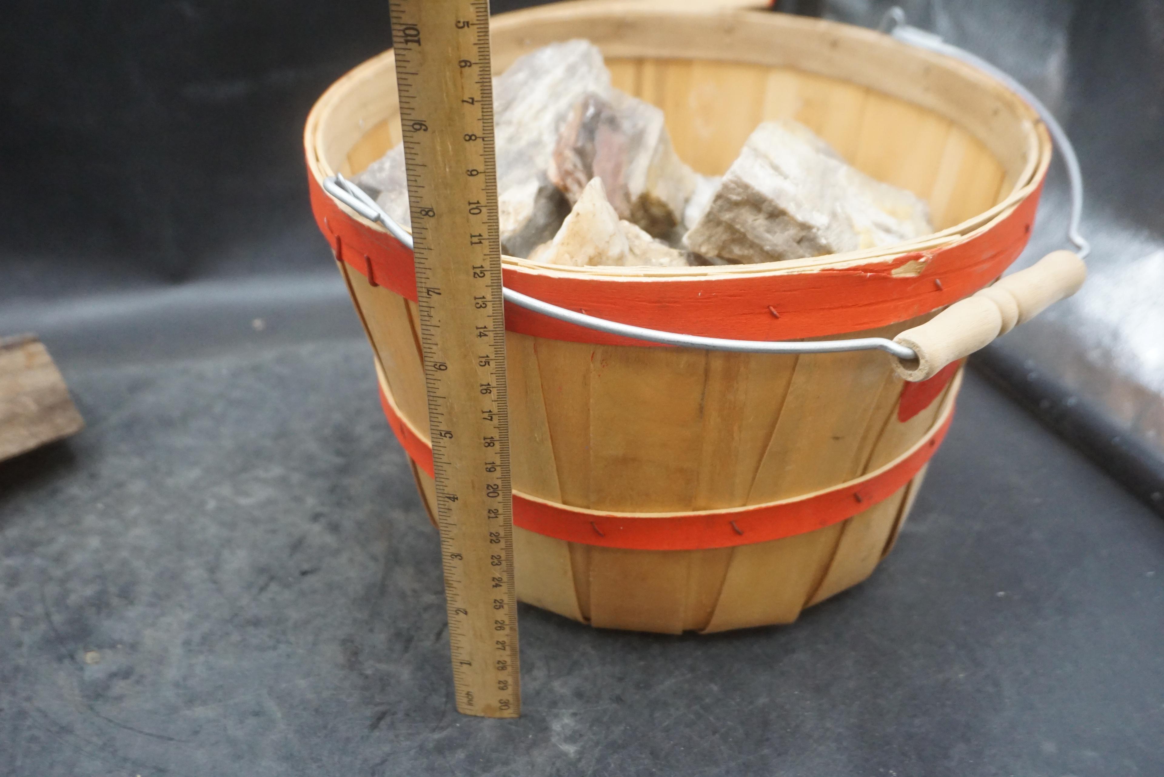 Bushel Basket, Driftwood Log & Rocks