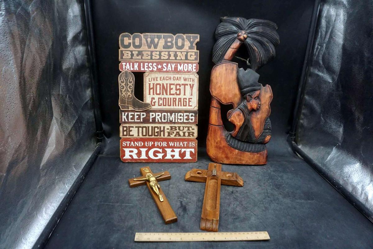 Wooden African Carving, Wooden Crosses & Wooden Cowboy Sign