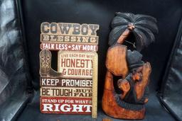 Wooden African Carving, Wooden Crosses & Wooden Cowboy Sign