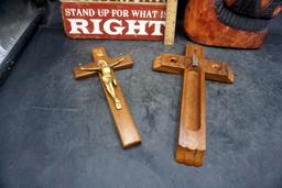 Wooden African Carving, Wooden Crosses & Wooden Cowboy Sign