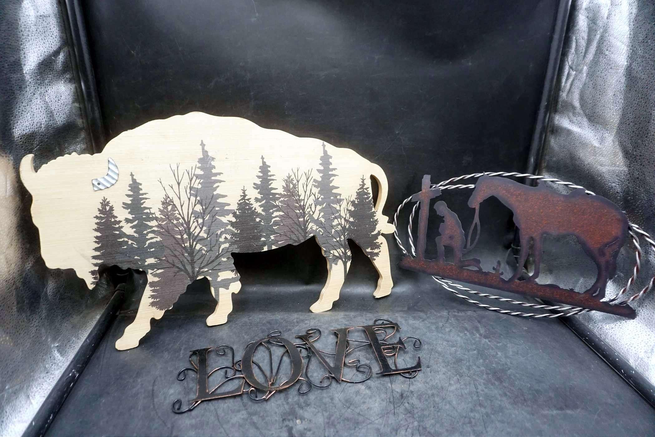 Wooden Buffalo, Metal "Love" & Metal Horse And Cowboy