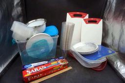 Plastic Bin, Food Storage Containers, Cutting Boards, Foil & Saran Wrap