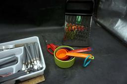 Grater, Measuring Cups, Scissors, Bin W/ Silverware & Utensils