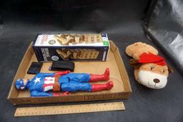 Captain America Action Figure, Jumbling Tower, Roku, Dog Stuffed Animal & Playstation 2 Card