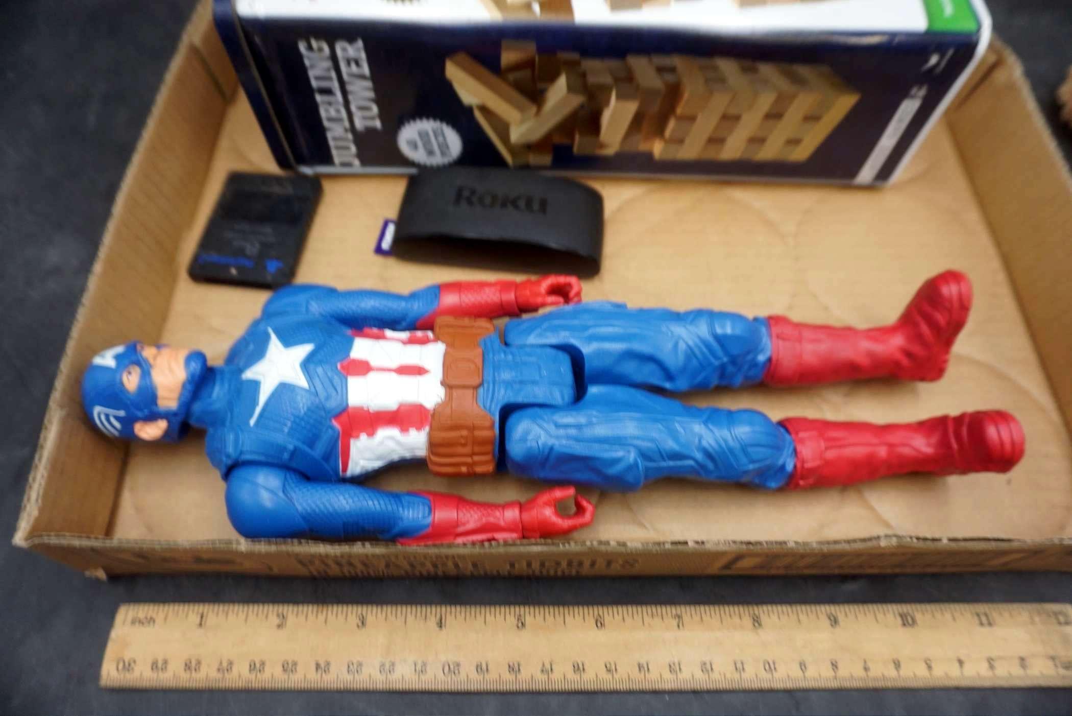 Captain America Action Figure, Jumbling Tower, Roku, Dog Stuffed Animal & Playstation 2 Card