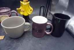 6 Mugs, Lady Figurine & Paper Towel Holder