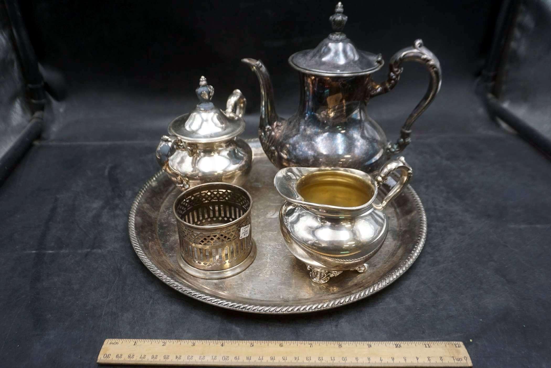 Silver Plated Tray W/ Cream, Sugar, Kettle & Candleholder