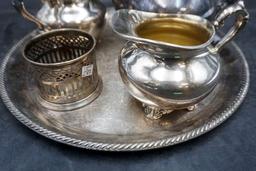 Silver Plated Tray W/ Cream, Sugar, Kettle & Candleholder