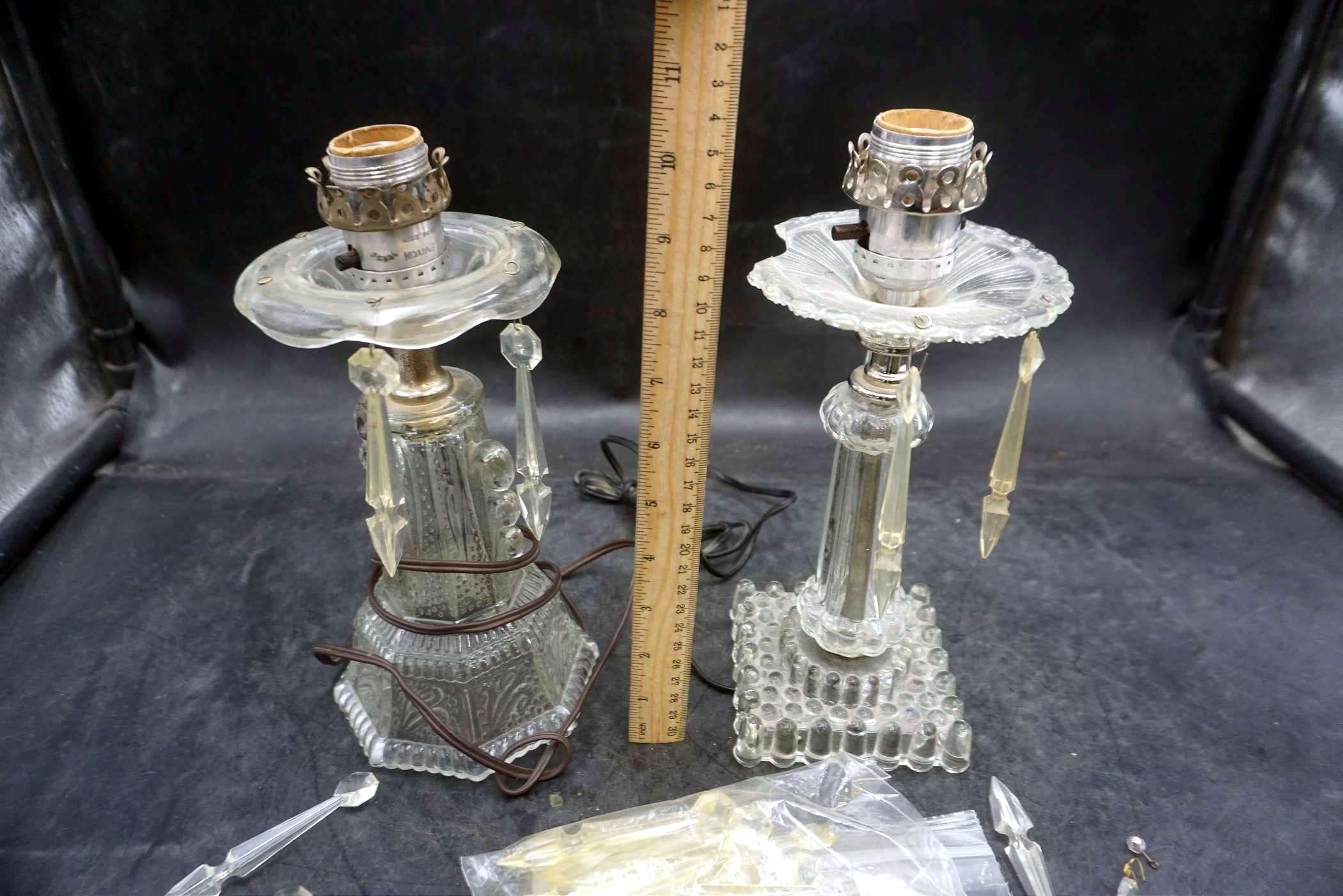 2 - Electric Glass W/ Hanging Crystals Lamp Base W/O Shades