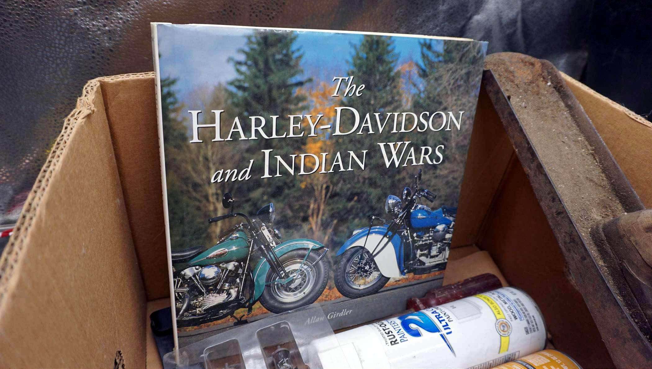 Wood Plane, Harley, Davidson And Indian Wars Book, Screwdrivers, Lightbulbs, Spray Cans