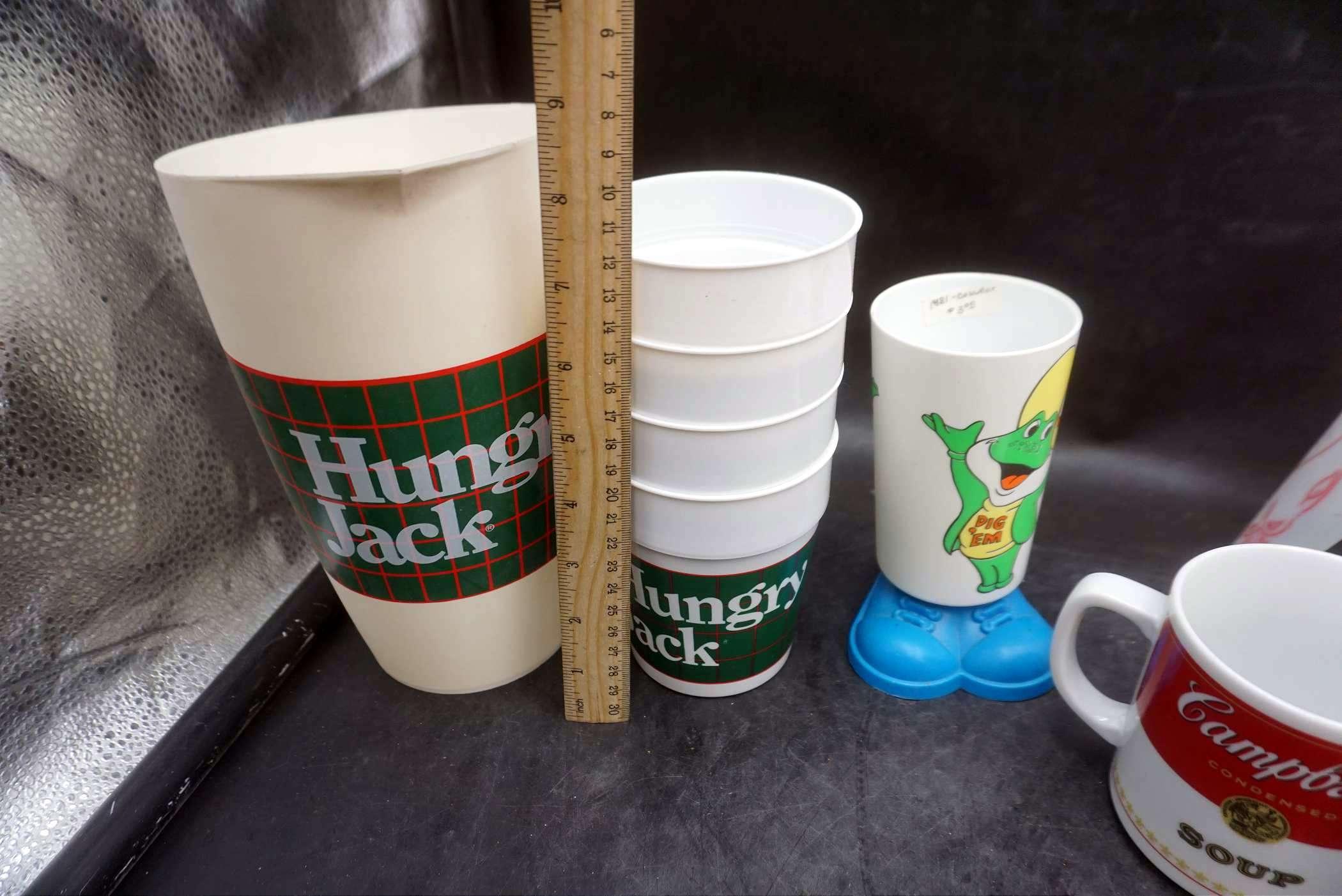 Tupperware Mat, Hungry Jack Pitcher & Cups, Campbell'S Soup Mug, Cheerios Container & Frog