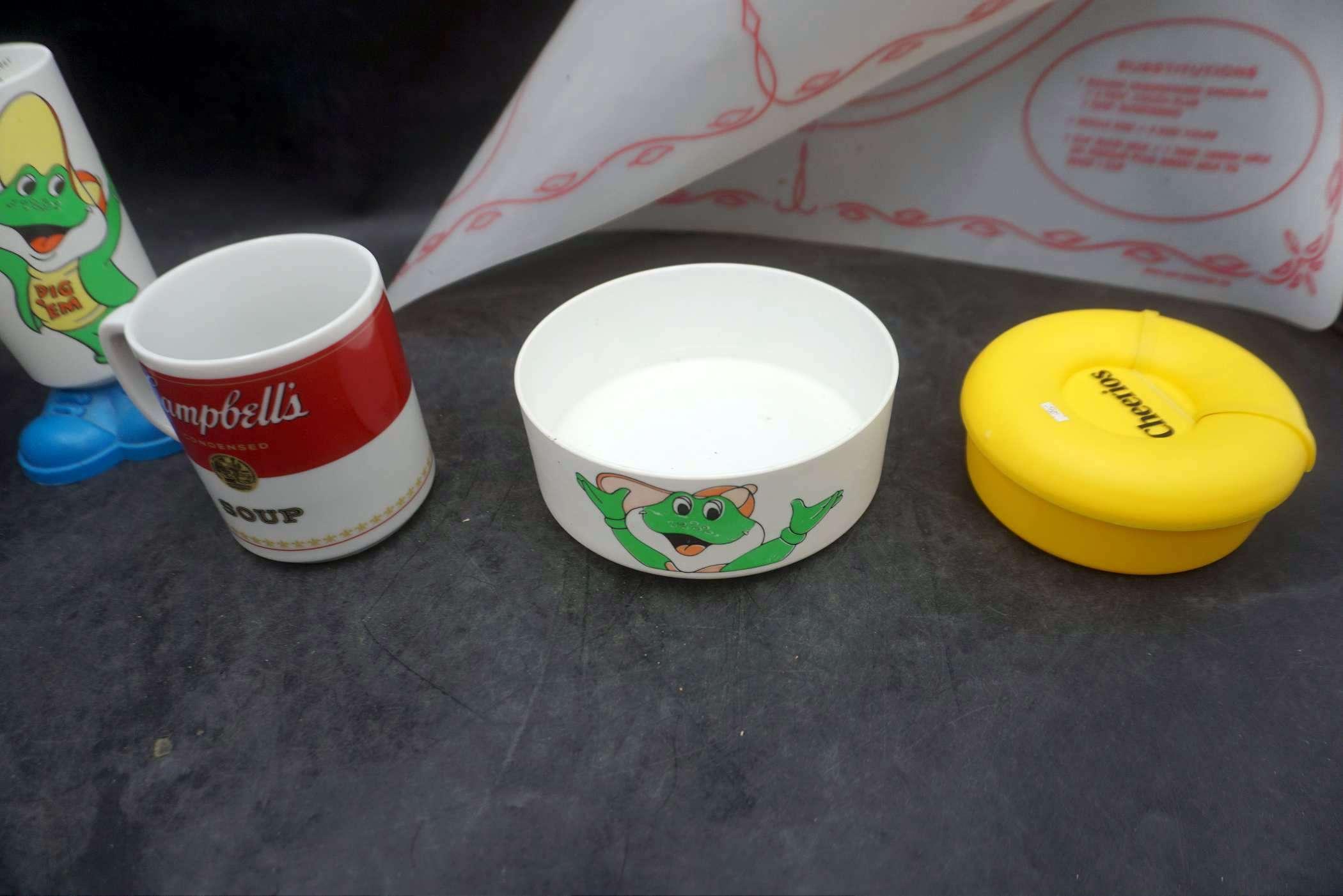 Tupperware Mat, Hungry Jack Pitcher & Cups, Campbell'S Soup Mug, Cheerios Container & Frog