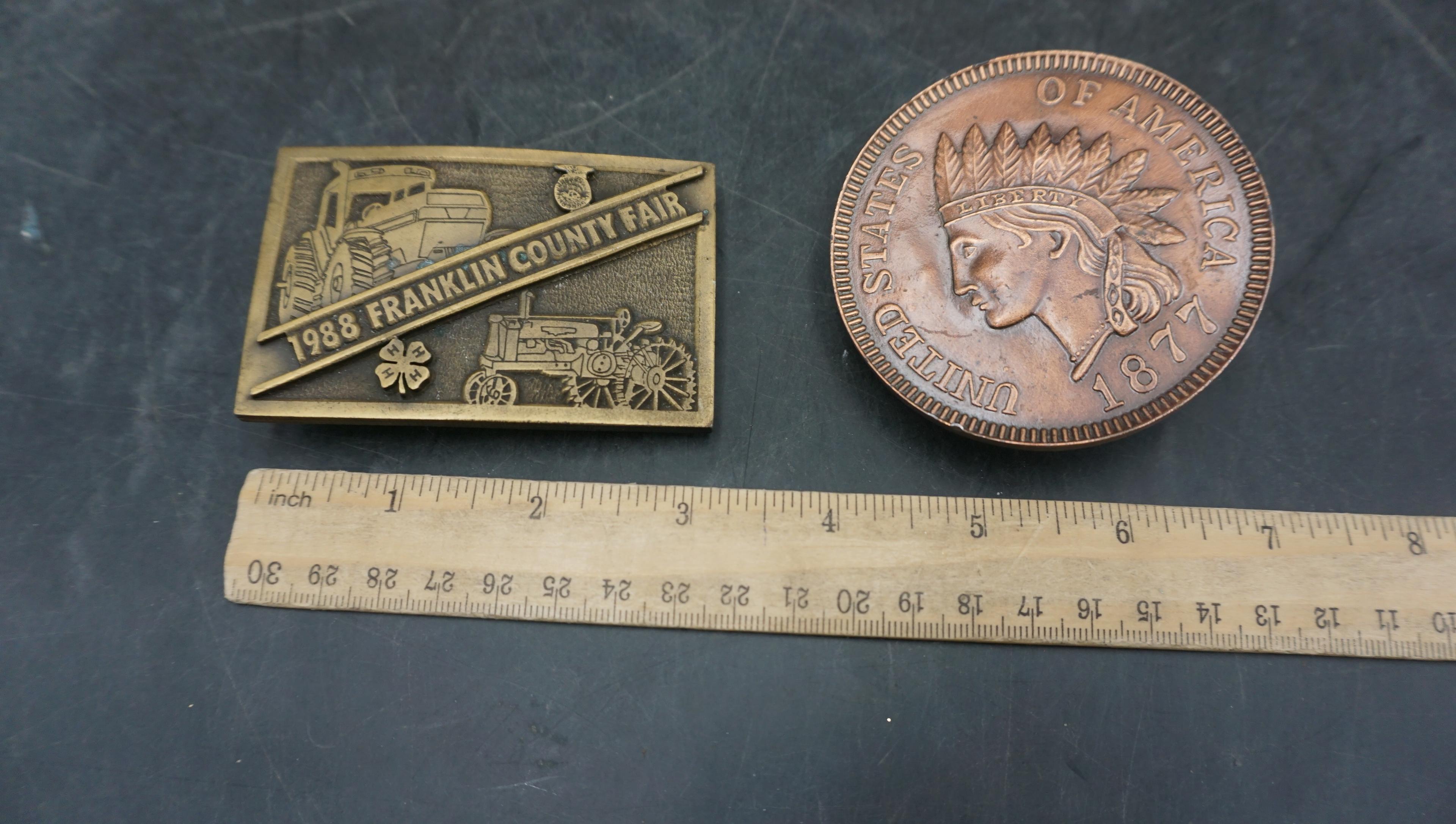 2 Belt Buckles - 1988 Franklin Country Fair & 1877 U.S.A.