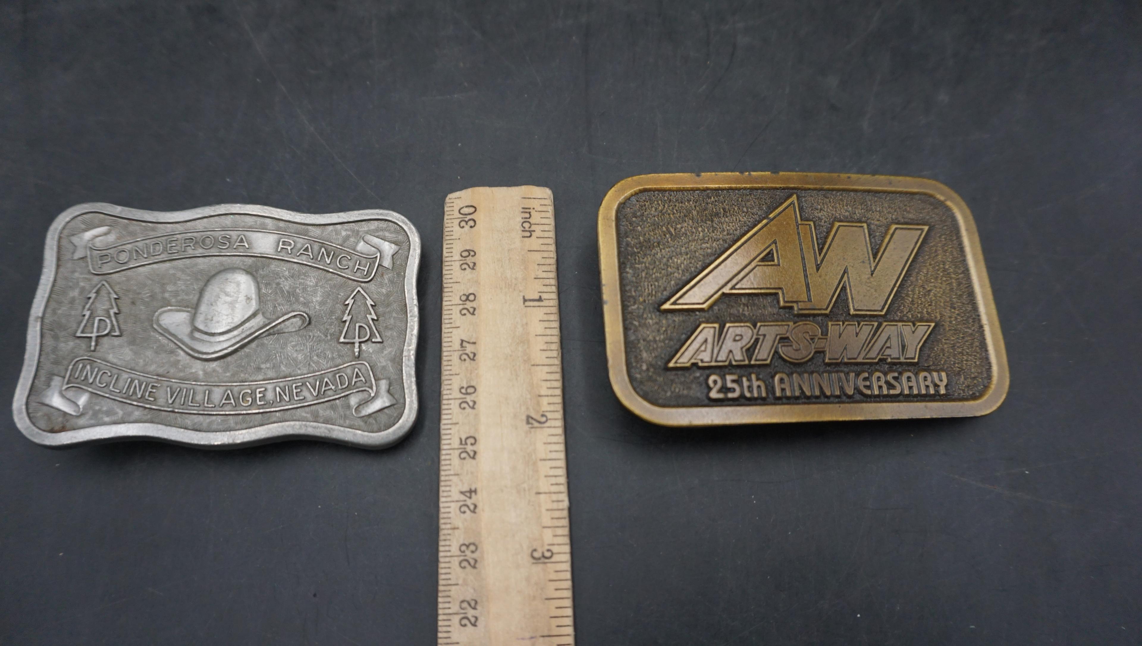 2 Belt Buckles - A.W. Arts-Way 25Th Anniversary & Ponderosa Ranch Incline Village Nevada