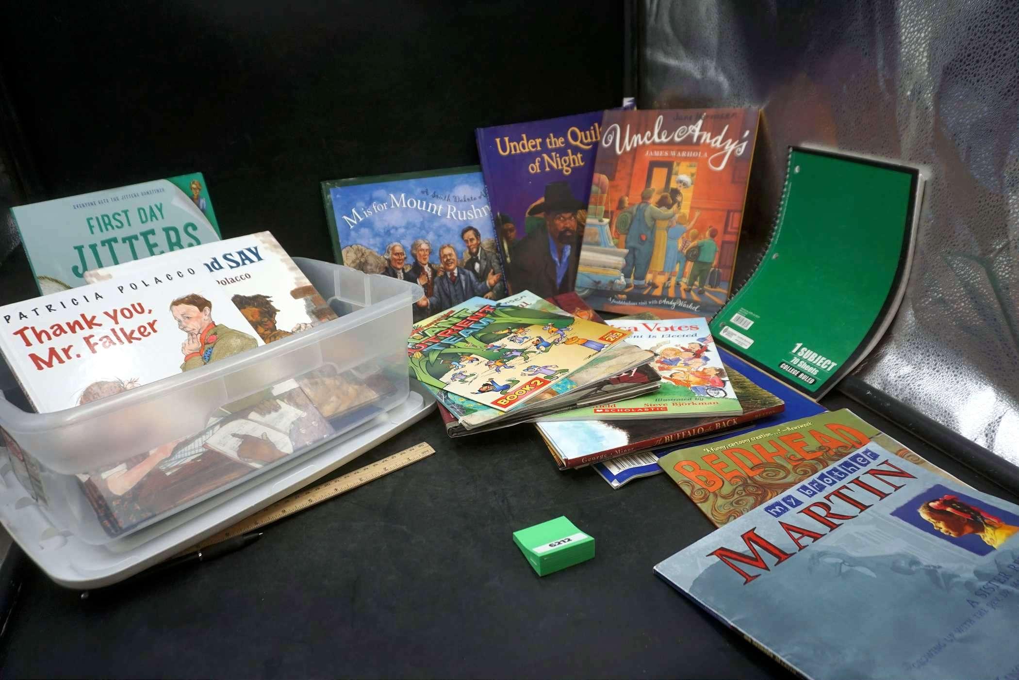 Plastic Bin W/ Assorted Books & Notebook