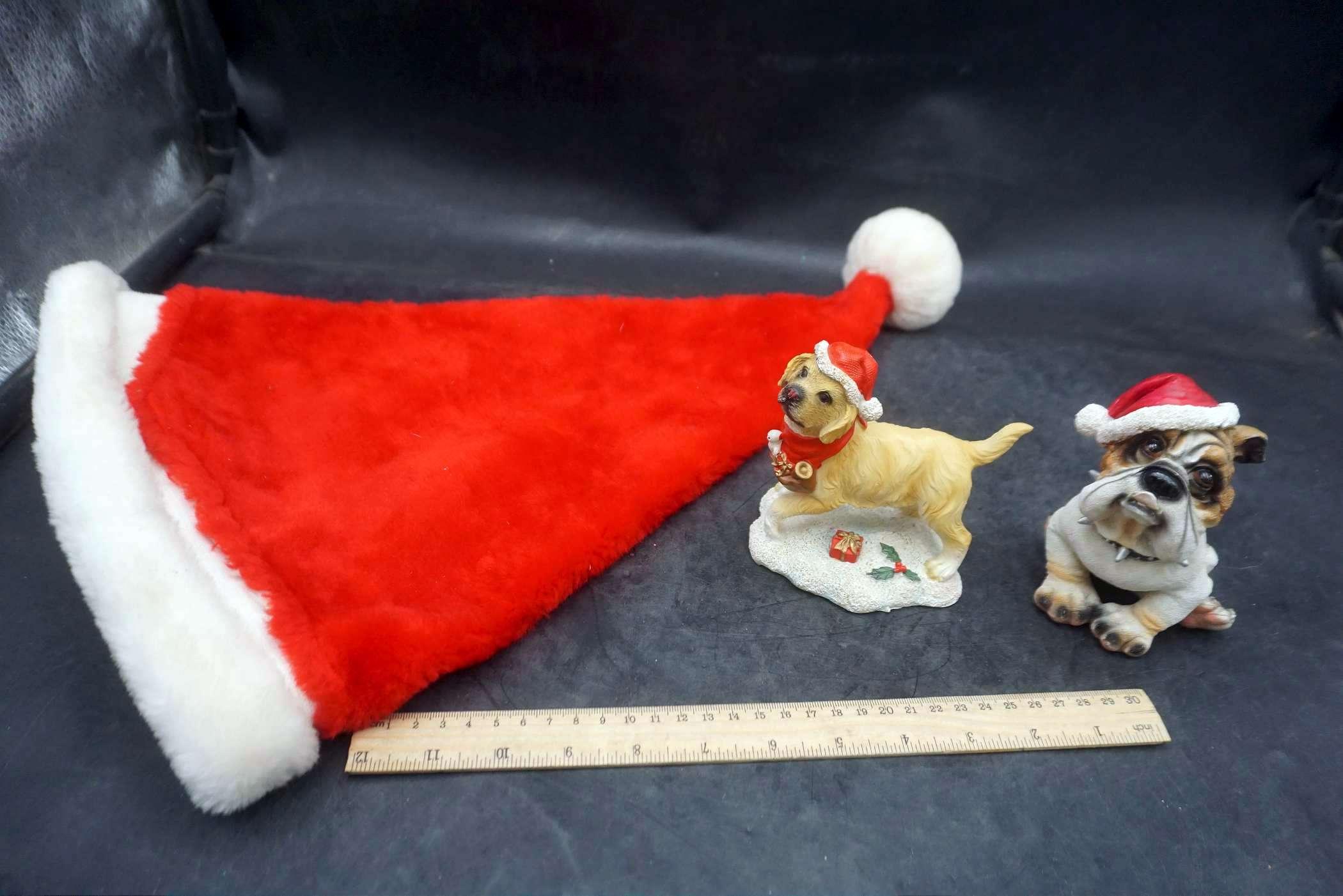 Santa Hat & 2 Dog Figurines