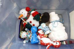 Plastic Bin W/ Snowman Figurines, Canister, Stuffed Figure & Tinsel
