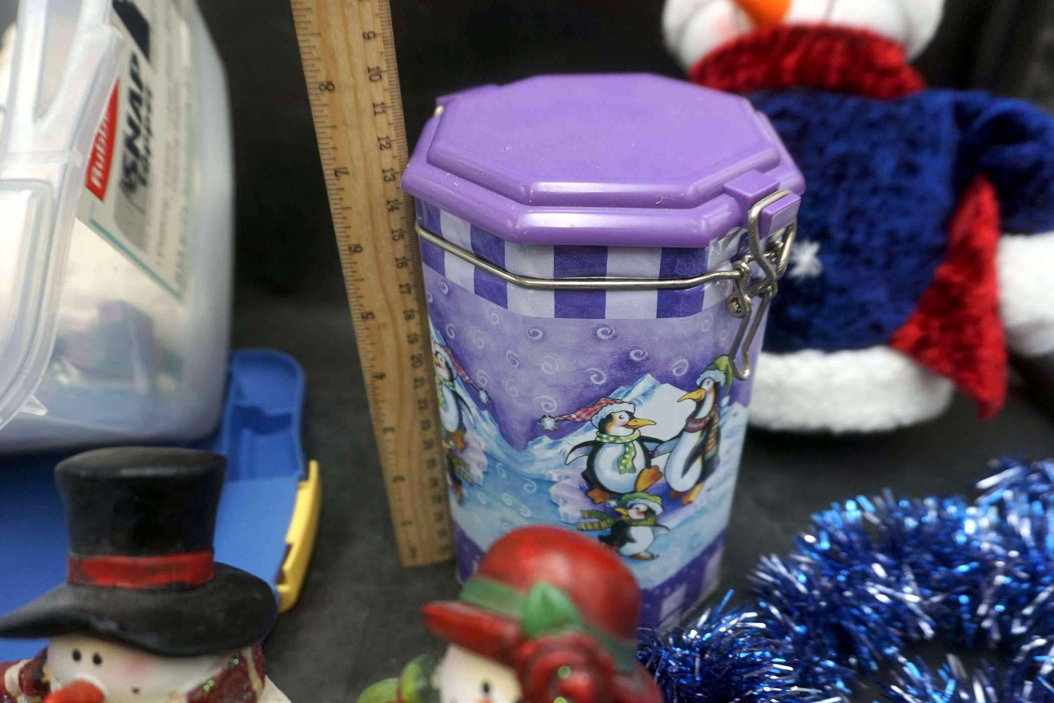 Plastic Bin W/ Snowman Figurines, Canister, Stuffed Figure & Tinsel