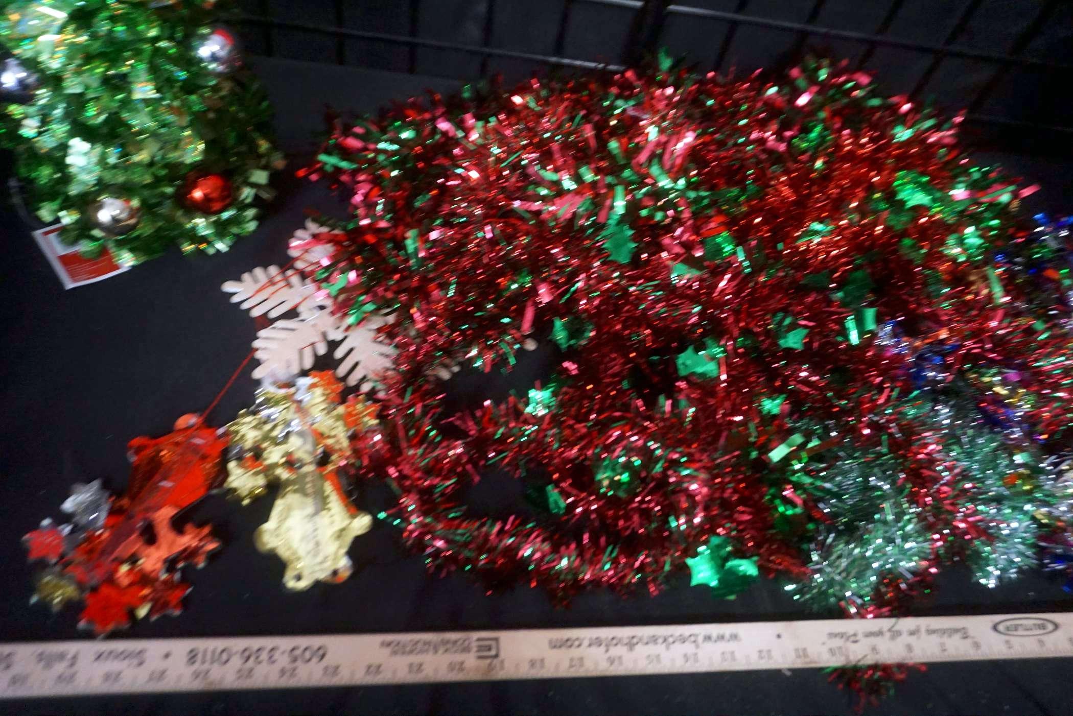 Tree Skirt, Tinsel, Rubbermaid Tote & Christmas Tree