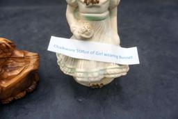 Chalkware Statue Of Girl Wearing Bonnet & Hand Carved Olive Wood Noah'S Ark Carving