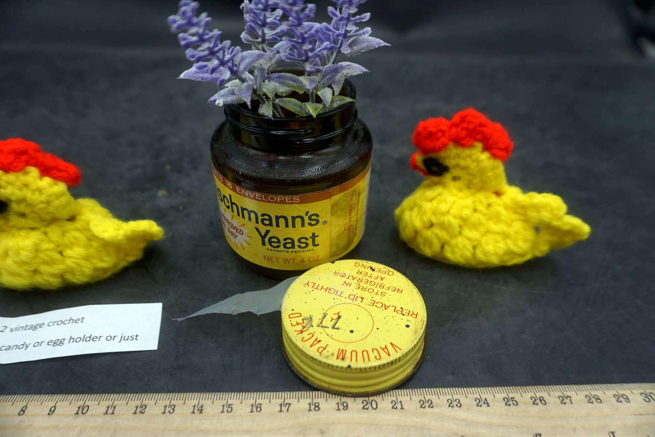 Set Of 2 Vintage Crochet Chicks Jar W/ Flowers,